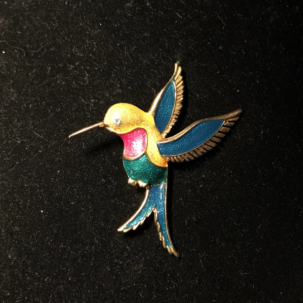 Vintage Colorful Ruby Necked Hummingbird Bird Pin Brooch Gold Tone Multicolored